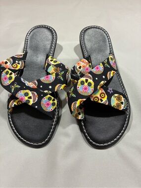 Women’s Black Slide Sandals with Colorful Sugar Skull Print Straps